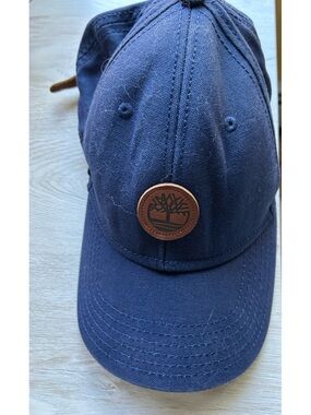Timberland Dark Blue Canvas Cap with Brown Leather Logo Patch